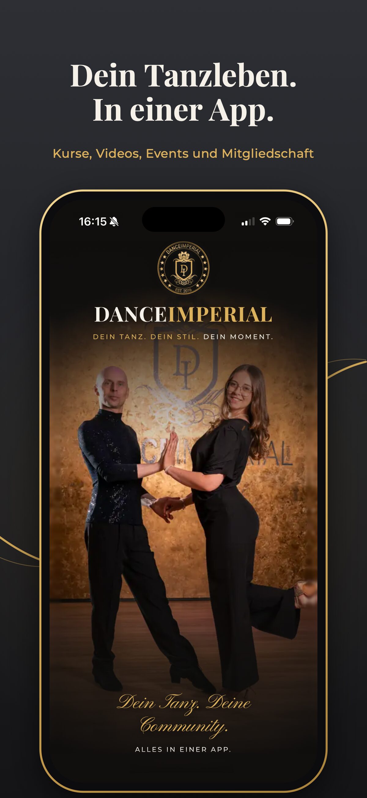 Startbildschirm der DANCEIMPERIAL App auf dem iPhone