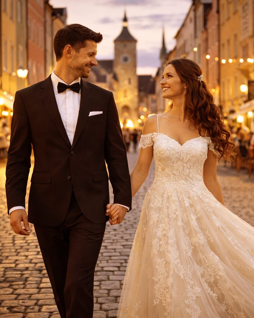 Hochzeitstanz Kurs Regensburg — Eröffnungstanz lernen ohne Vorkenntnisse bei DANCEIMPERIAL (KI-generiertes Bild)